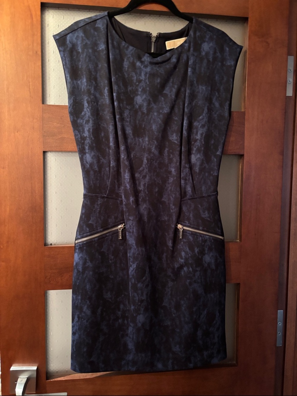MICHAEL Michael Kors Navy Patterned Midi Sheath Dress with Zip Pockets